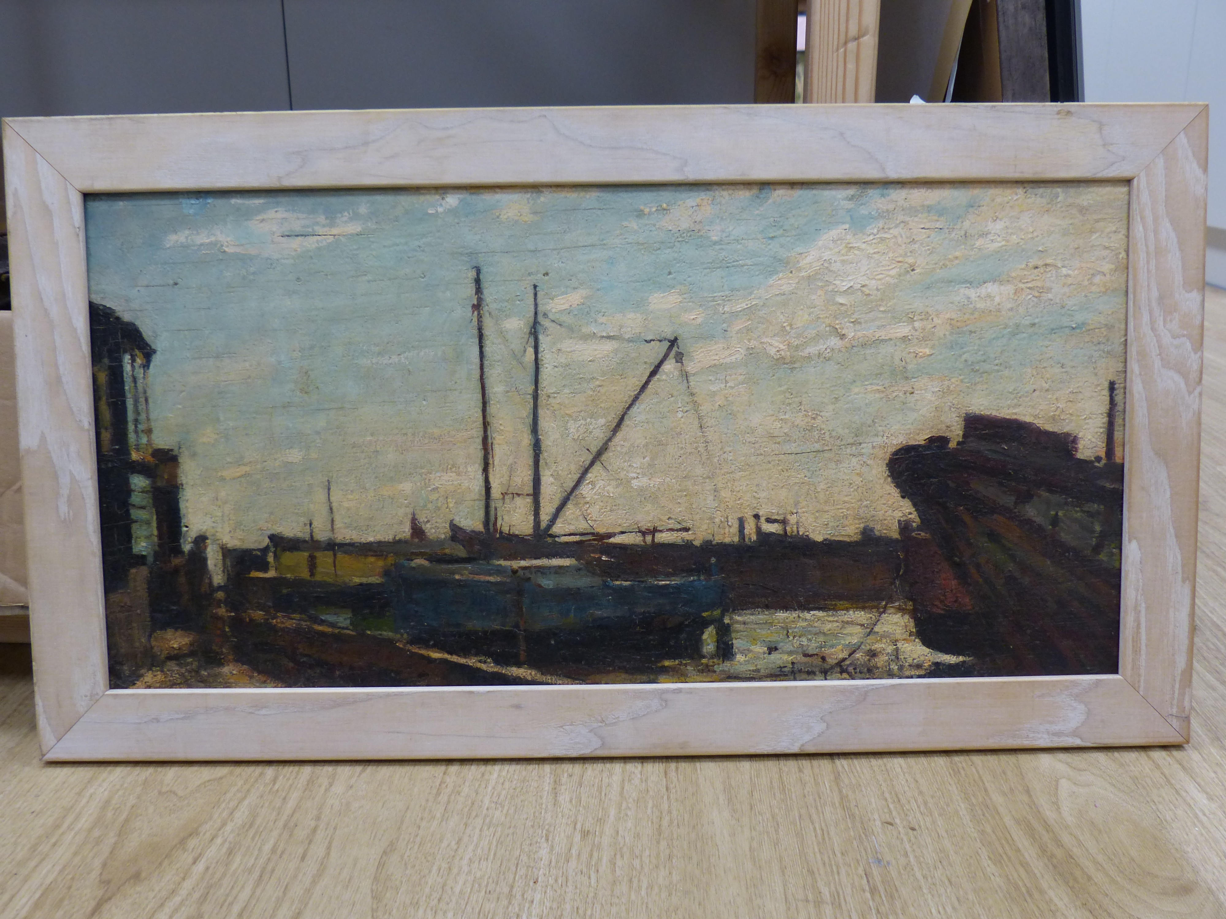 Edward King, oil on panel, Langston Harbour, Portsmouth, signed, 31 x 65cm